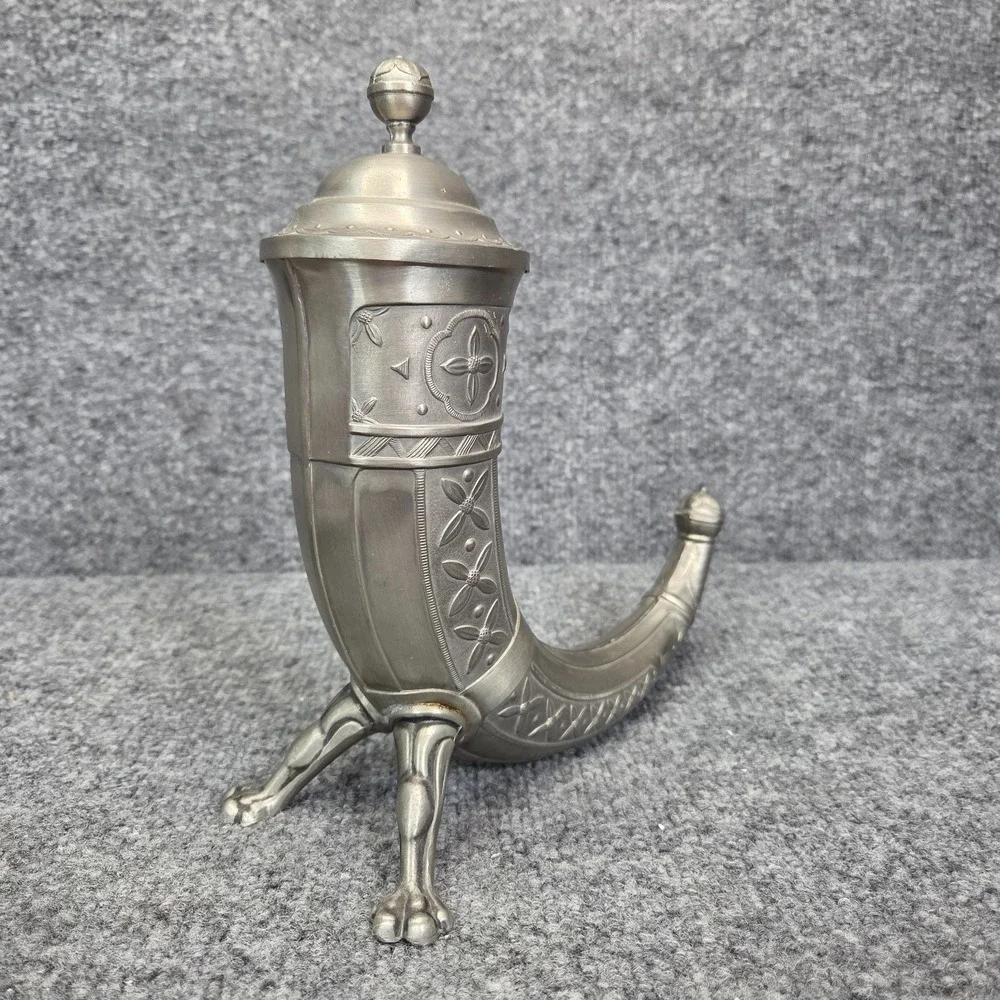 Vintage Aksel Holmsen Pewter Viking Drinking Horn with Lid Made in Norway 1930's